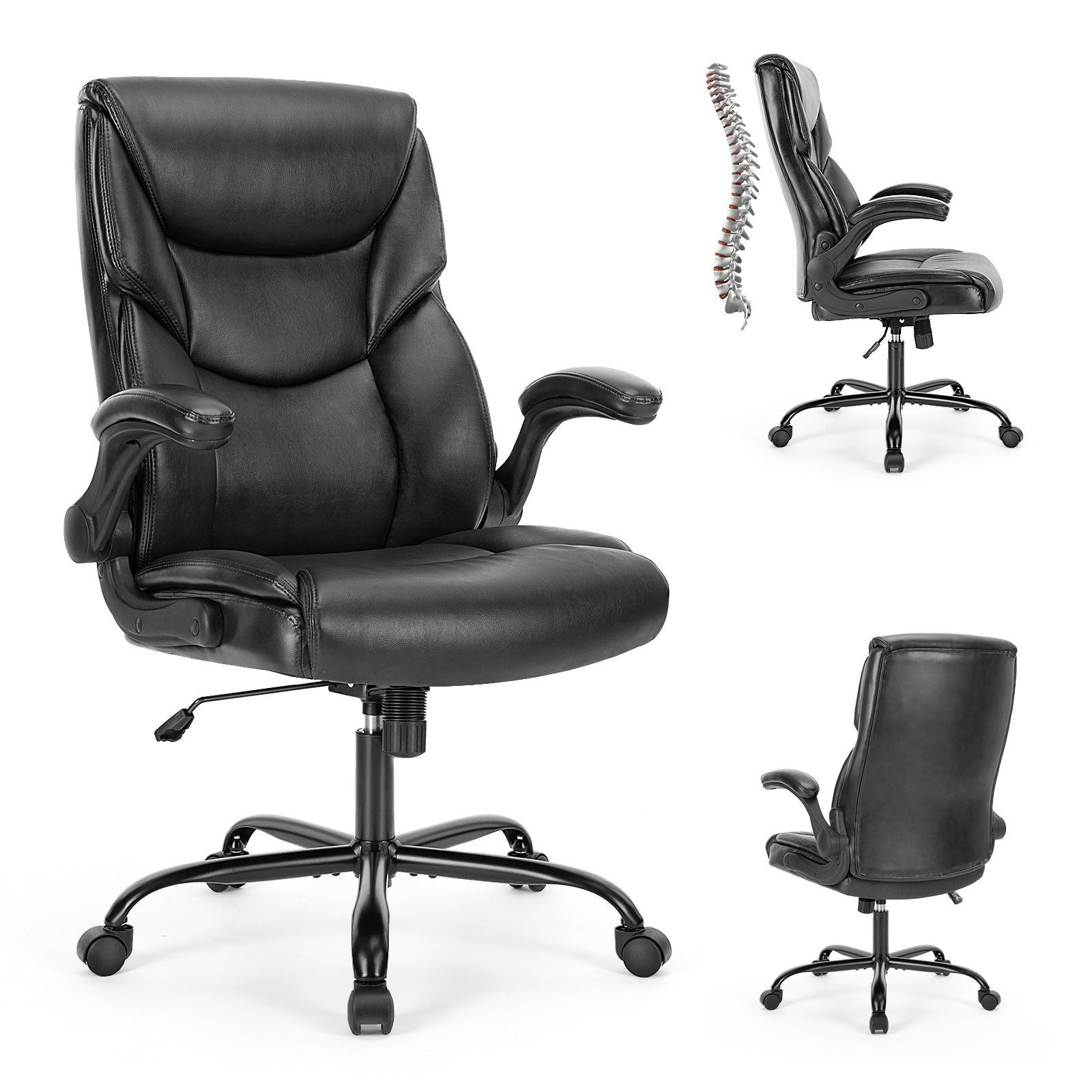 PU leather executive office chair with high back, ergonomic lumbar support, flip-up armrests, 360° swivel wheels, and durable frame supporting up to 275 lbs