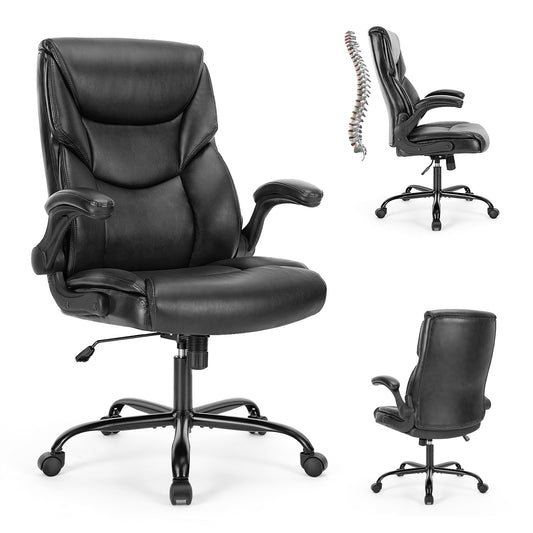 PU leather executive office chair with high back, ergonomic lumbar support, flip-up armrests, 360° swivel wheels, and durable frame supporting up to 275 lbs
