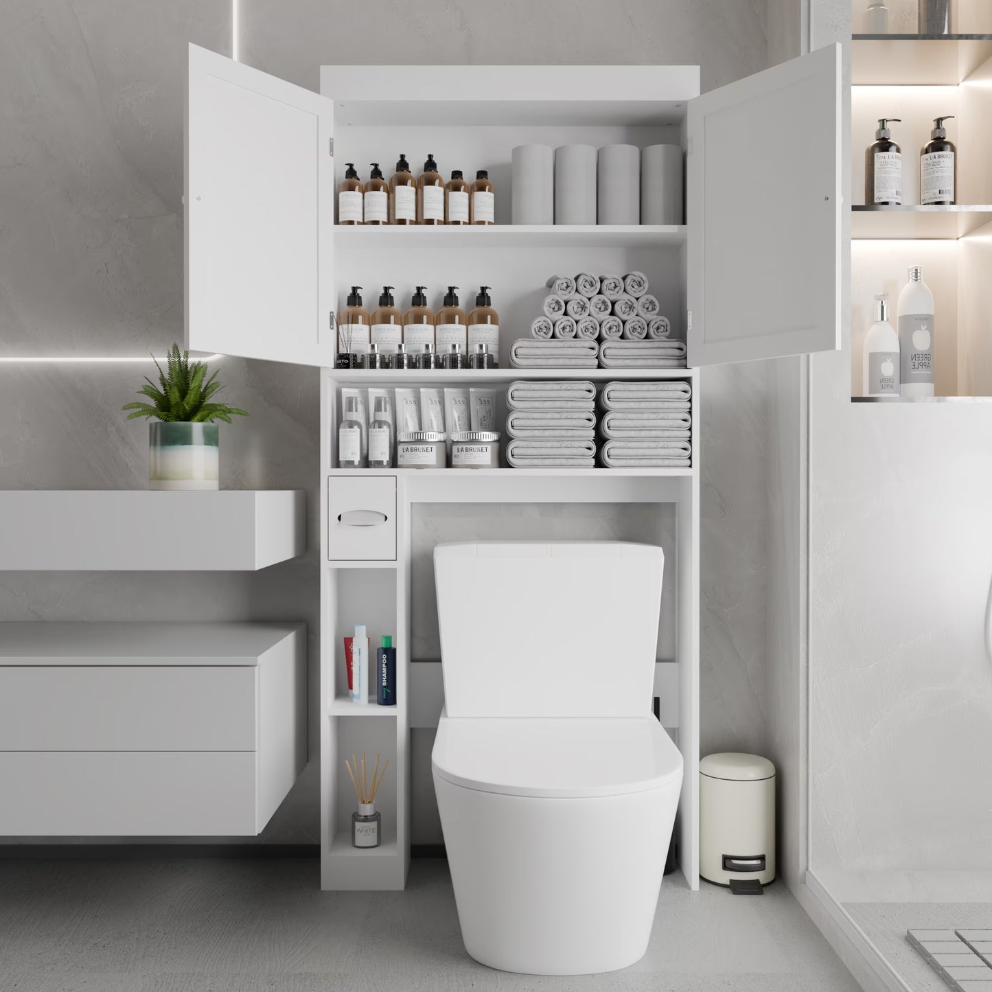 White over-the-toilet storage cabinet with farmhouse double-door design, fits above toilet for space-saving bathroom organization