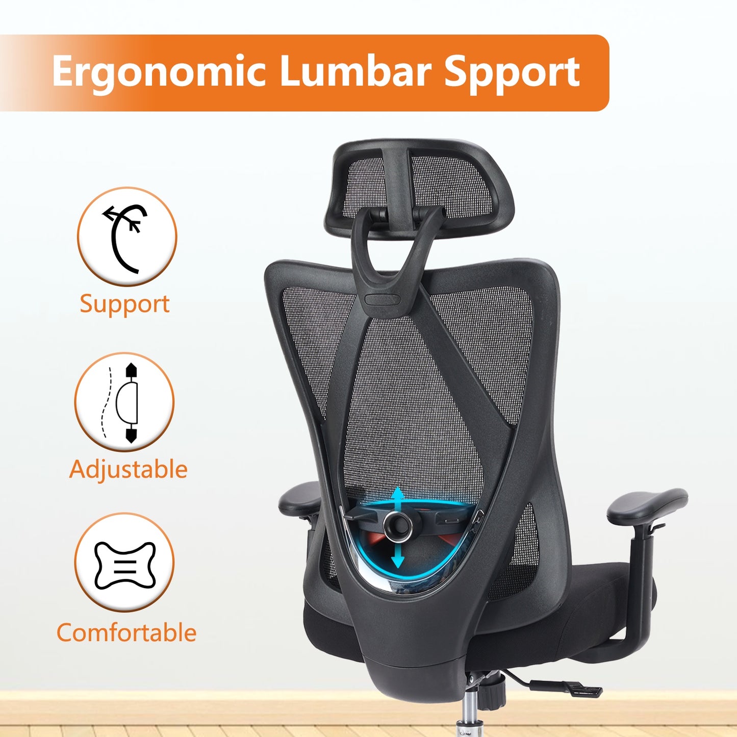 Ergonomic high-back mesh office chair with adjustable height, reclining backrest, rotating headrest, lumbar support, breathable mesh, padded seat, and sturdy aluminum base supporting up to 330 lbs.