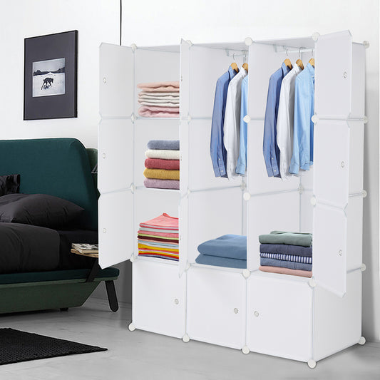 "White 12-cube modular plastic storage organizer with customizable layout and built-in hanging rod, featuring stackable DIY closet shelves for organizing clothes, shoes, toys, and household items.