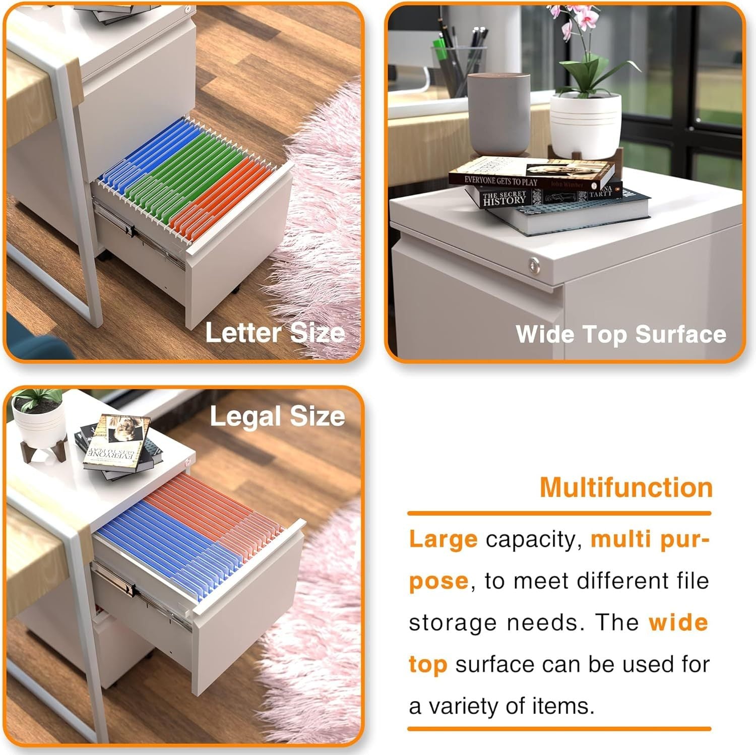 White metal 2-drawer office file cabinet by Aobabo with lock, hanging file storage for legal, letter, and A4 documents, fully assembled with wheels for under-desk use and enhanced mobility.