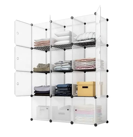12-cube white modular storage shelf with customizable design, ideal for organizing books, clothes, toys, and office supplies.