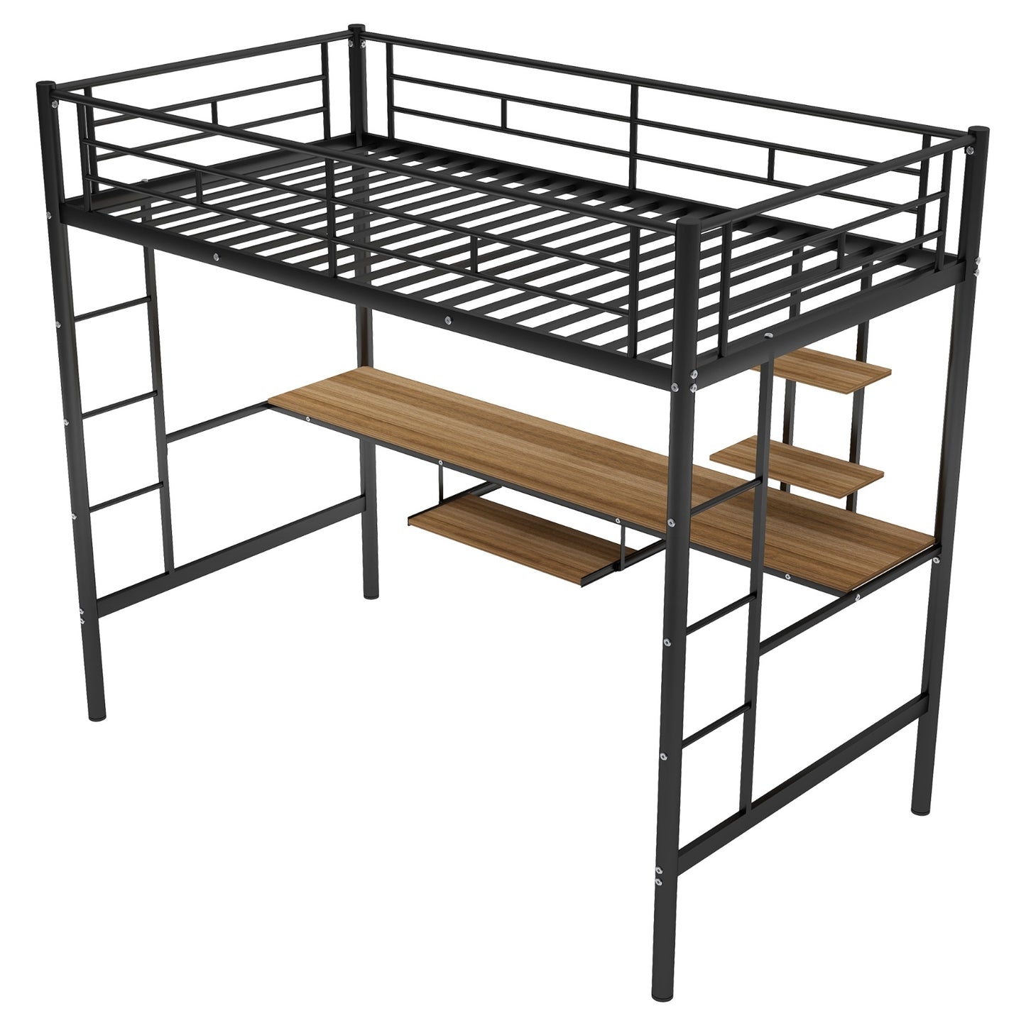 Black twin loft bed with metal frame, integrated desk and shelf underneath, ladder, and guardrail – space-saving bedroom furniture
