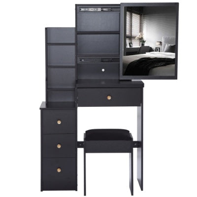 29.2-inch compact black vanity table with cushioned stool, large sliding mirror, and multi-layer storage shelves; modern MDF makeup dresser ideal for small bedrooms and apartments