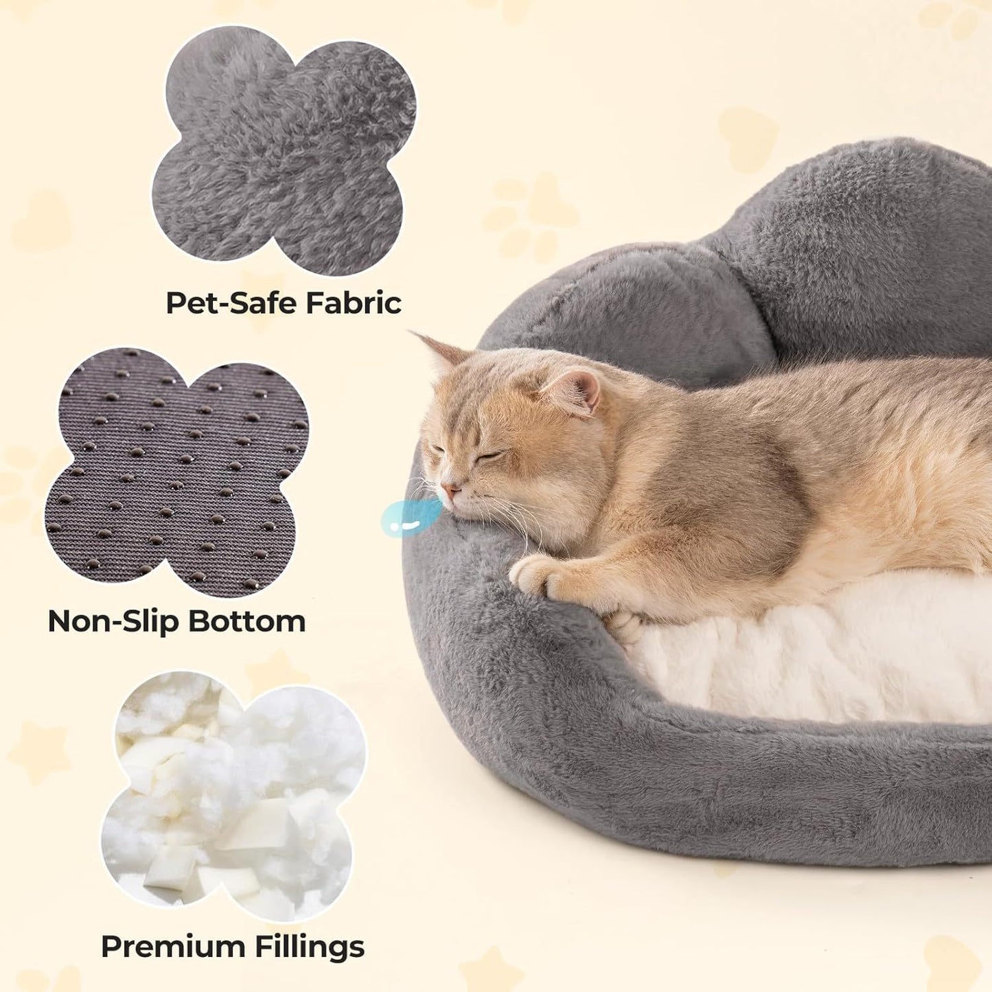 MEWOOFUN Washable Fluffy Cat & Small Dog Bed – Indoor Cat Couch with Non-Slip Bottom, Flower Design, Perfect for Puppies & Kittens (Grey)