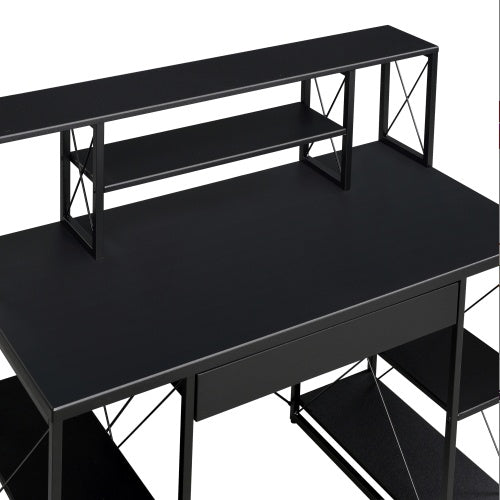 Sleek black office desk with open shelves, hutch, and drawer—features wood surface and sturdy metal sled base, ideal for organized home office or studio workspace