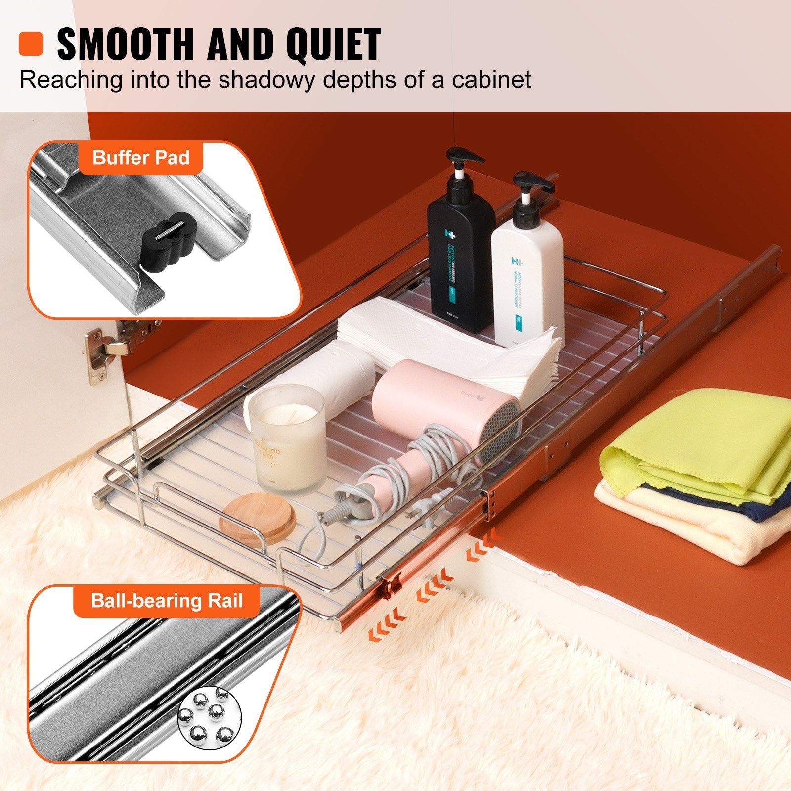 VEVOR heavy-duty pull-out cabinet organizer with smooth slide-out drawer, durable metal construction, ideal for kitchen or bathroom storage and space optimization