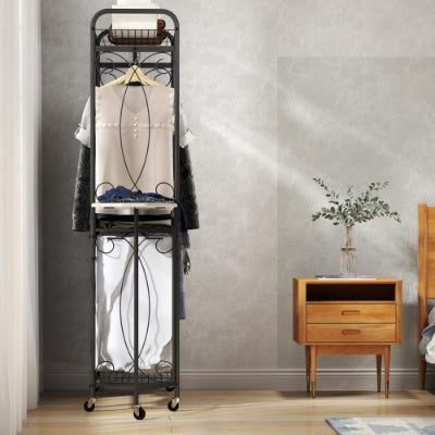 Multi-functional laundry hamper organizer with metal frame, storage shelves, hanging rail, and rolling wheels—space-saving design for laundry rooms, bedrooms, or bathrooms