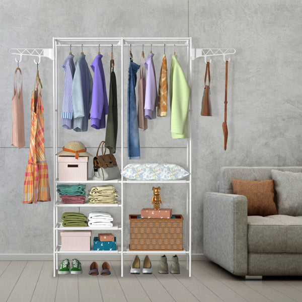 4-Tier Closet Organizer Shelf with Hanging Rods and Side Hooks – Space-Saving Fabric Wardrobe for Bedroom or Laundry Room