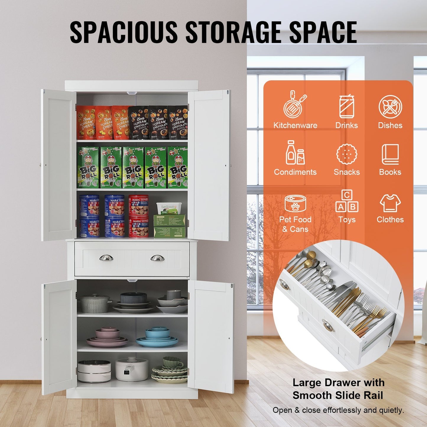 VEVOR Kitchen Pantry Cabinet – Freestanding Storage with Doors, Drawer & Adjustable Shelves, White