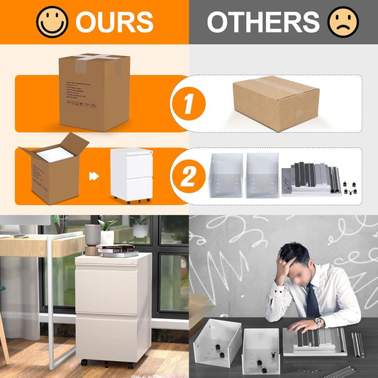 White metal 2-drawer office file cabinet by Aobabo with lock, hanging file storage for legal, letter, and A4 documents, fully assembled with wheels for under-desk use and enhanced mobility.