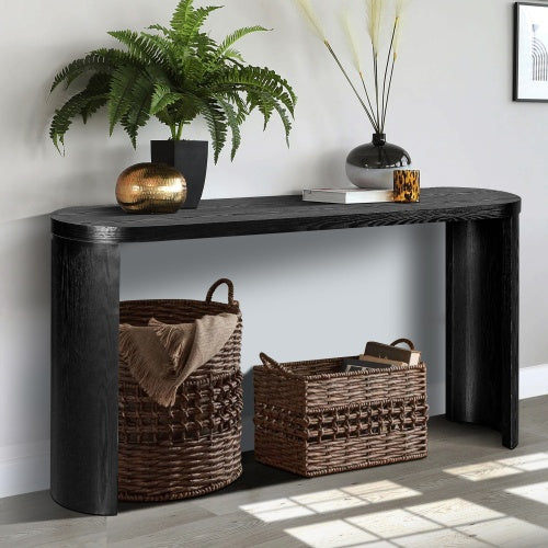 60-inch entryway table with thick wooden top and elegant curved legs, featuring flexible inward and outward installation, ideal for sofas, hallways, and entryways