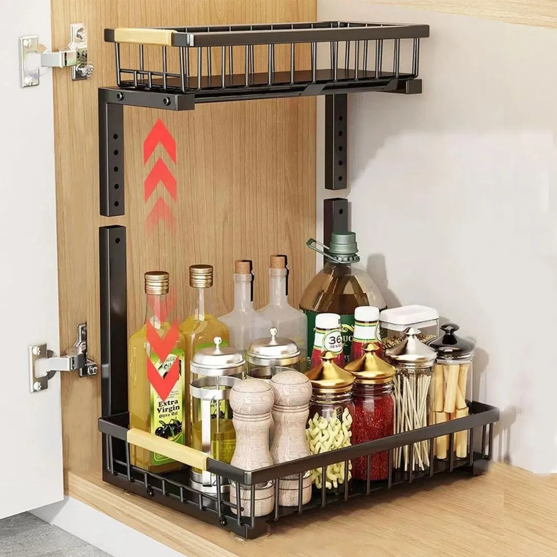 2-piece kitchen organizer set with large-capacity dish drying rack holding plates, bowls, cups, and utensils, plus sliding 2-tier under-sink shelf with suction cups for stable, space-saving storage in kitchen or bathroom