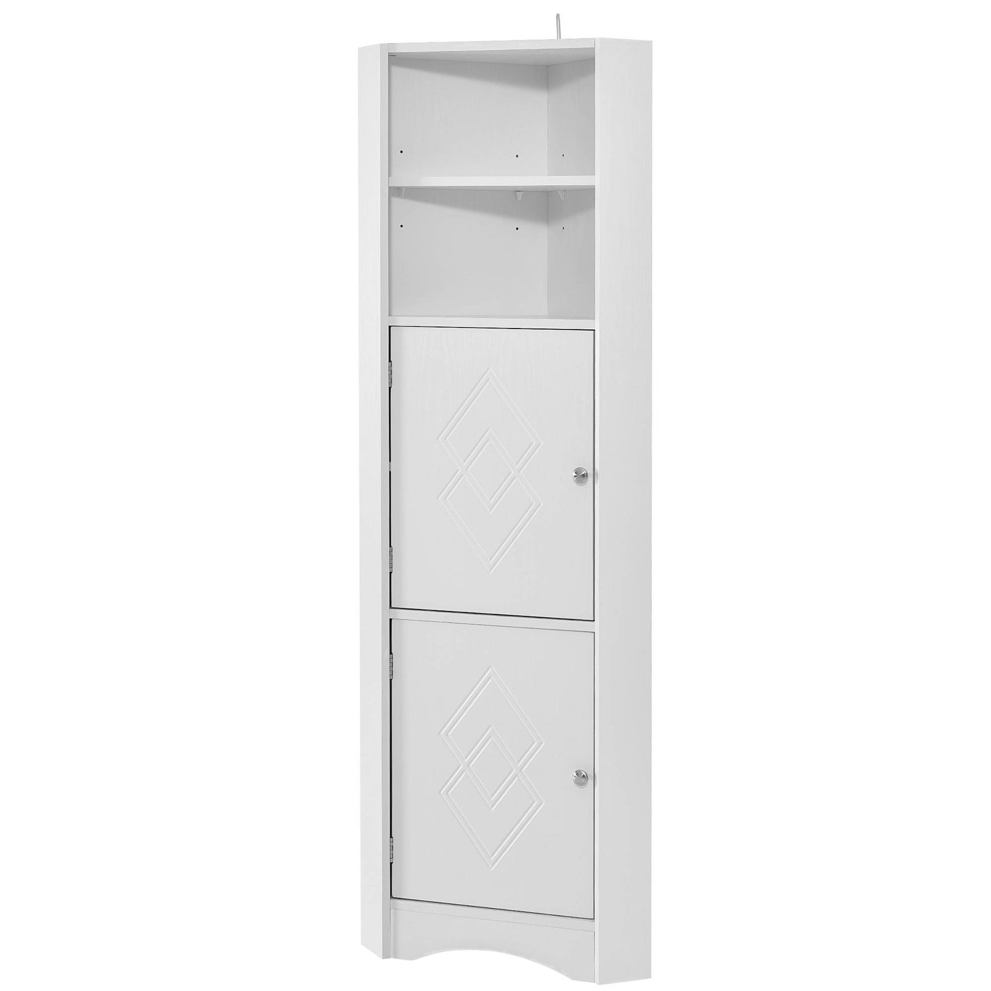 Tall white corner bathroom cabinet with triangular design, double doors, and adjustable interior shelves, fits neatly into small spaces for organized storage of toiletries and essentials