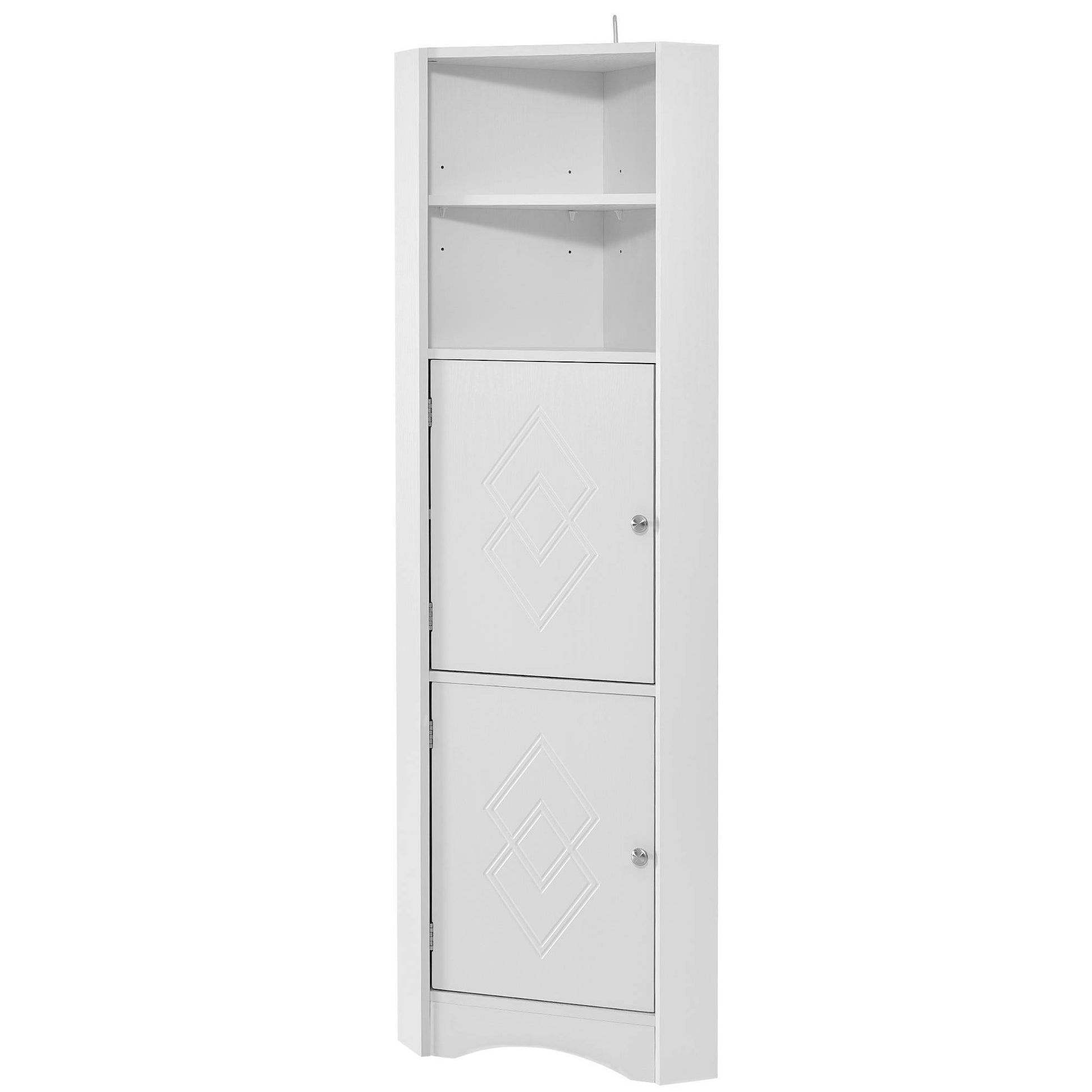 Tall white corner bathroom cabinet with triangular design, double doors, and adjustable interior shelves, fits neatly into small spaces for organized storage of toiletries and essentials