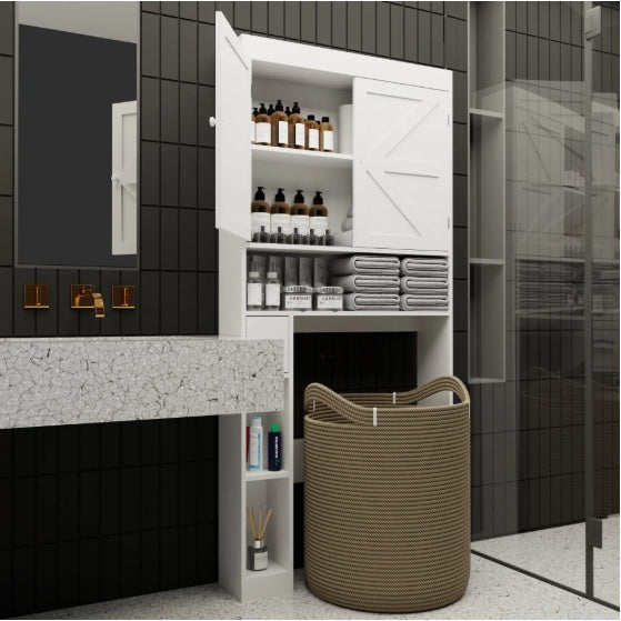 White over-the-toilet storage cabinet with two farmhouse-style doors and open bottom shelf for bathroom organization.
