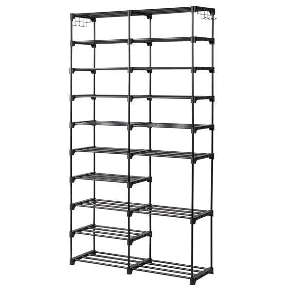Black double-row 9-tier shoe rack with handles, featuring a sturdy iron frame and non-woven fabric shelves, designed for efficient vertical shoe storage in entryways or closets