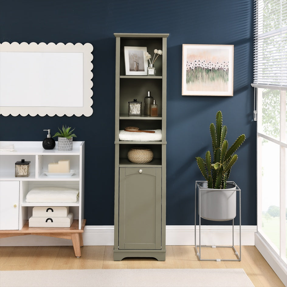 Slim 64-inch tall gray storage cabinet with four open shelves and built-in laundry hamper, ideal for bathrooms, kitchens, or small spaces