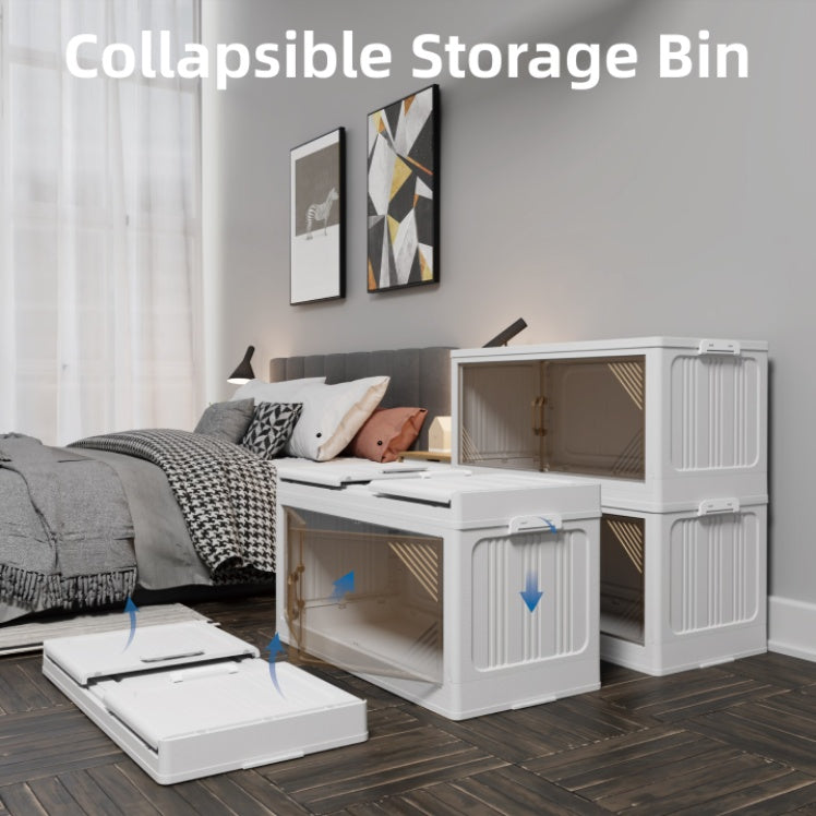 Large 35.4'' clear plastic foldable storage box with stackable design, ideal for closet or under-bed organization