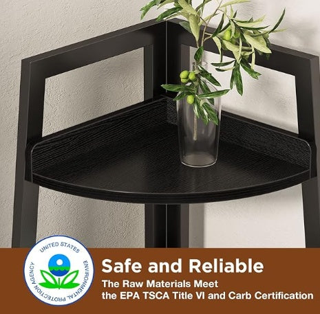 Roland Star 6-tier A-shaped corner shelf with fenced wooden shelves and black metal frame, ideal for books, plants, and decor storage in compact living spaces