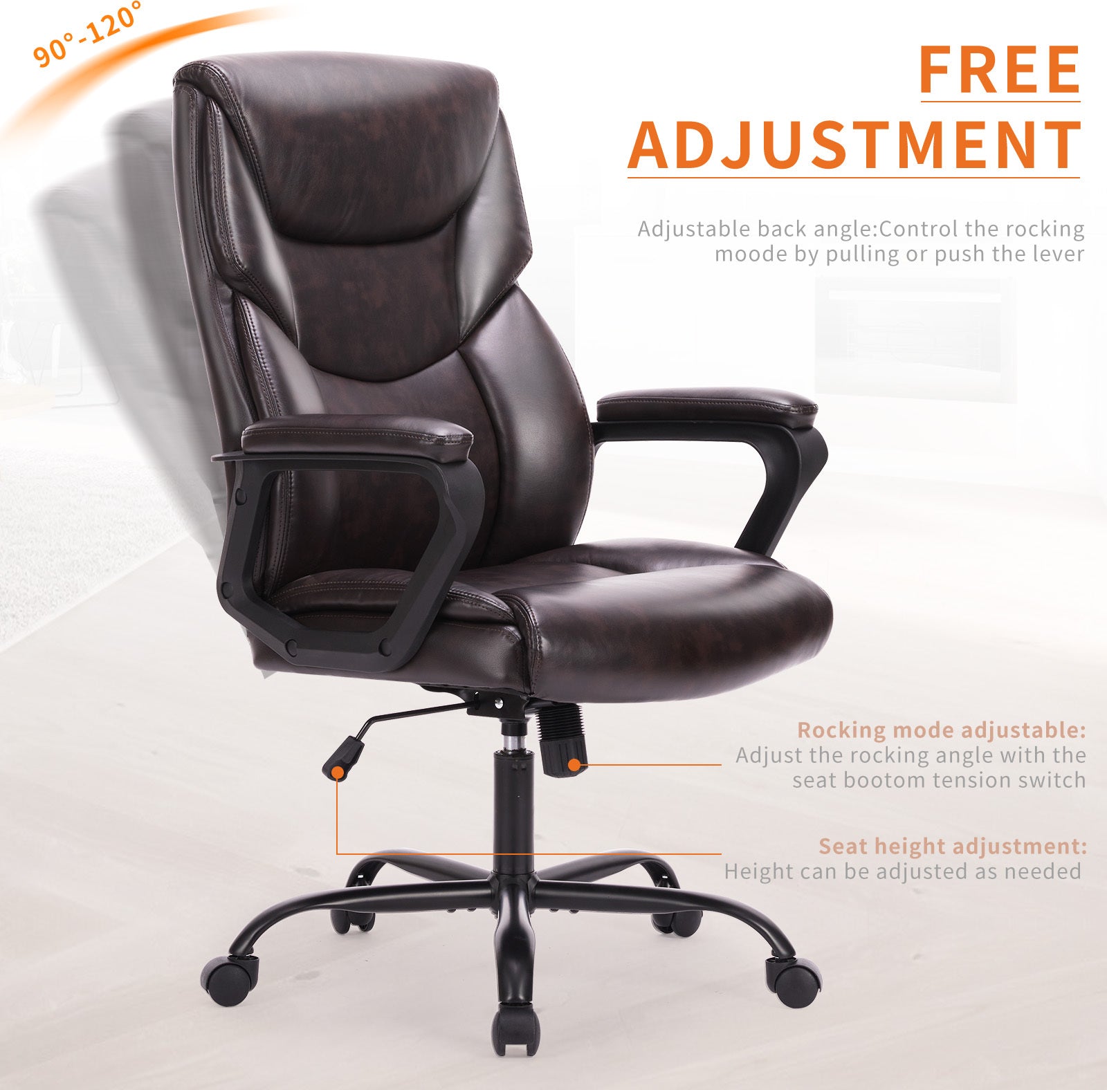 PU leather executive office chair with high back, ergonomic lumbar support, flip-up armrests, 360° swivel wheels, and durable frame supporting up to 275 lbs