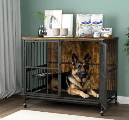 Modern kennel dog cage furniture with sturdy ironwood frame and durable particleboard, antique brown finish, foldable top panel, adjustable feeding basin with stainless steel bowls, removable tray, wheels for easy mobility, supports dogs up to 80 lbs