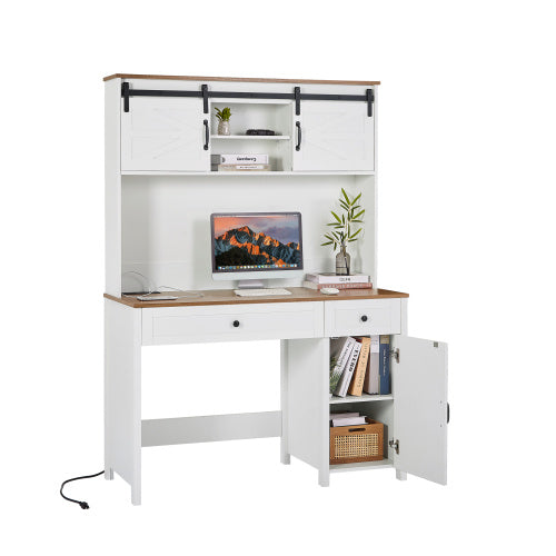 White rustic farmhouse wooden home office desk made of particle board with built-in charging station, dimensions 47.2" L x 19.7" W x 67.9" H