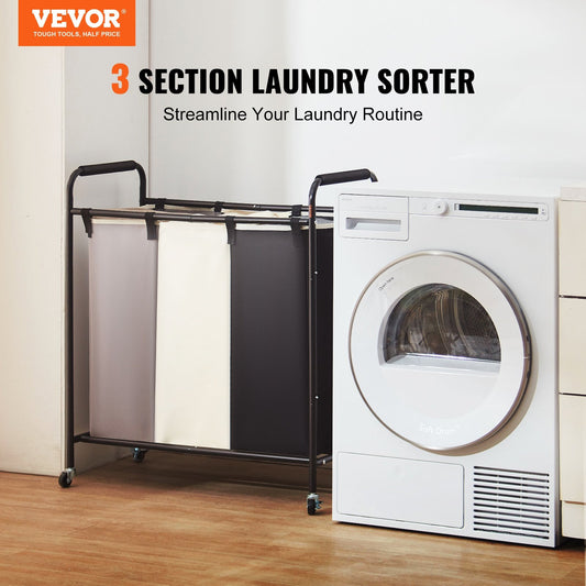 VEVOR 3-section rolling laundry hamper with heavy-duty metal frame, removable sorting bags, and smooth-rolling wheels for easy transport and organization