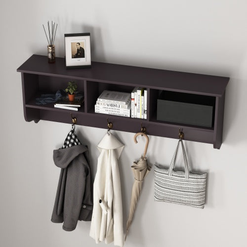 Espresso wall-mounted coat rack with shelf, 4 dual hooks, and 3 open cubbies for entryway storage and organization