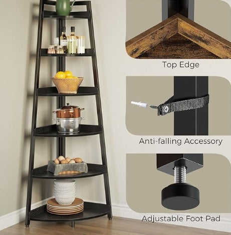 Roland Star 6-tier A-shaped corner shelf with fenced wooden shelves and black metal frame, ideal for books, plants, and decor storage in compact living spaces