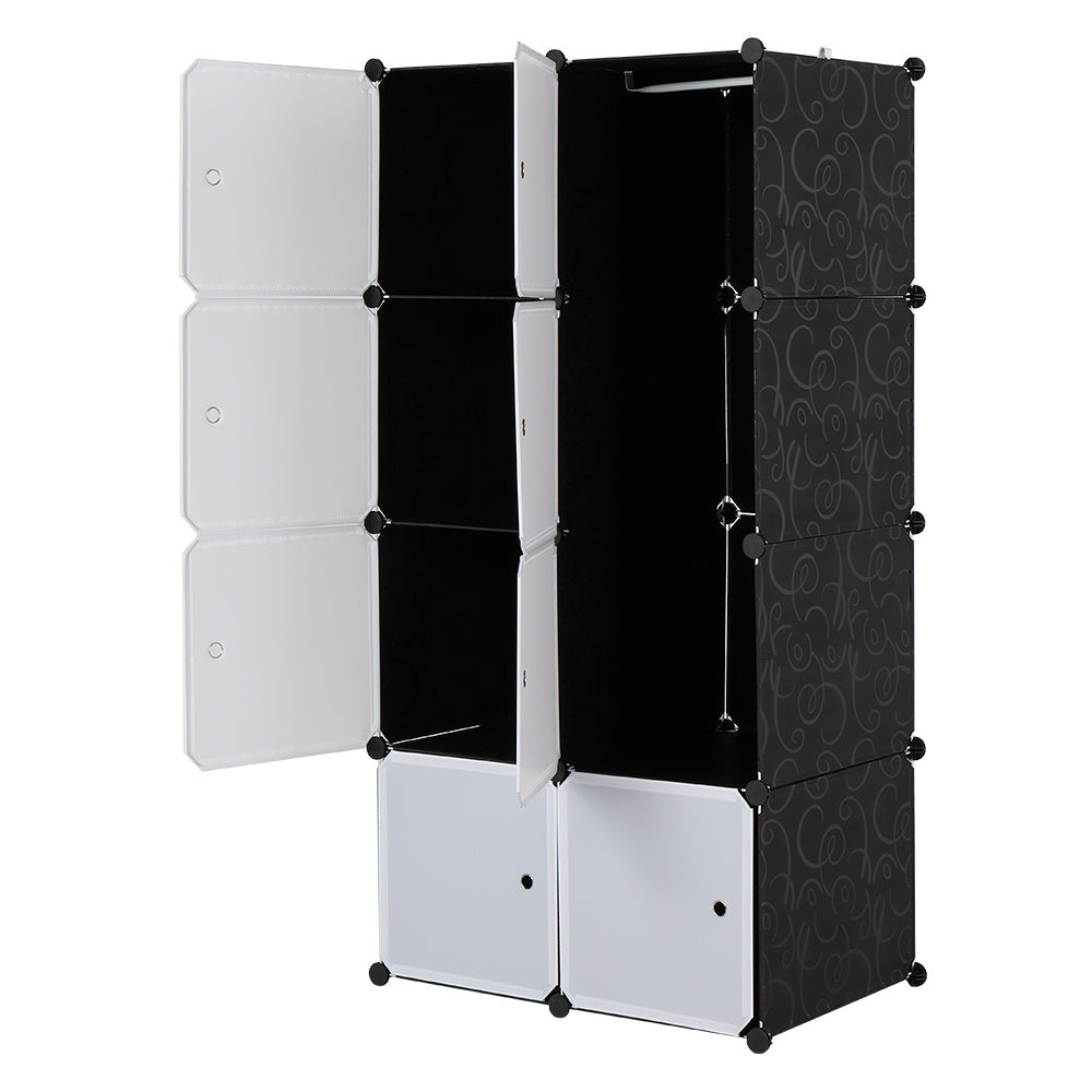 8-cube modular plastic storage organizer with doors and built-in hanging rod, stackable DIY closet cabinet for clothes, shoes, books, and household items in bedroom or entryway