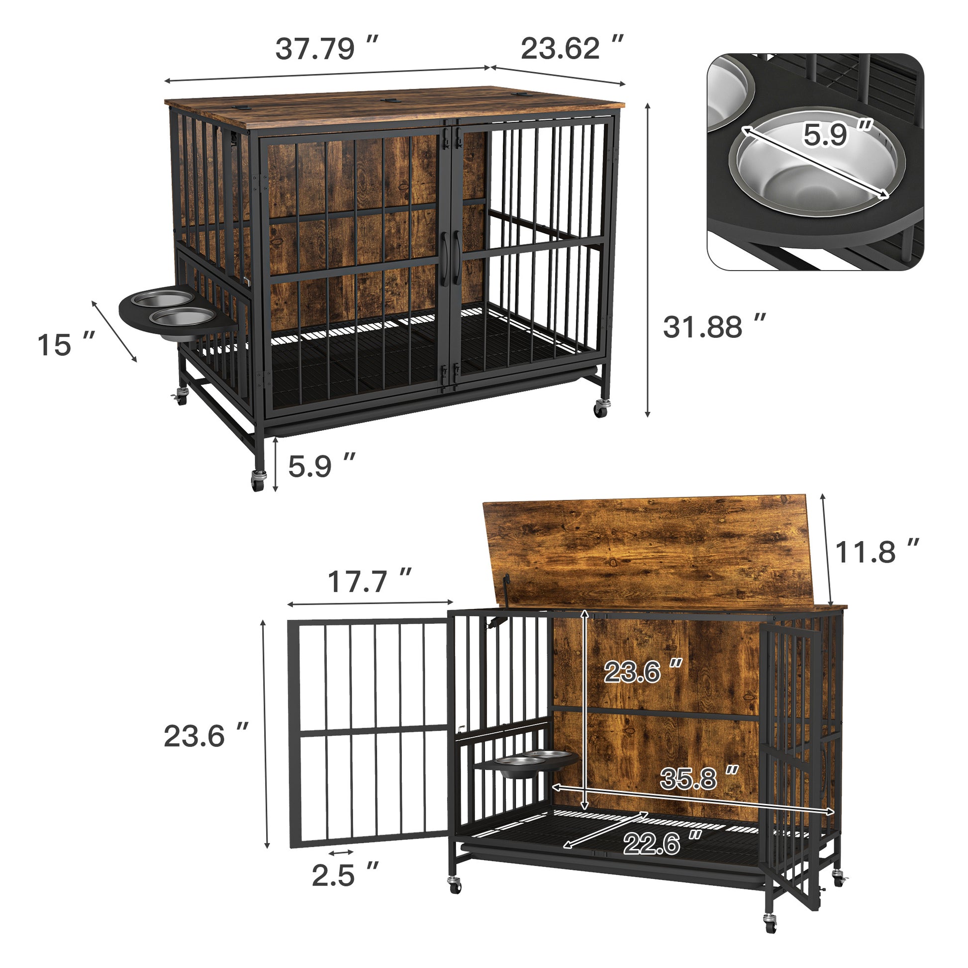 Modern kennel dog cage furniture with sturdy ironwood frame and durable particleboard, antique brown finish, foldable top panel, adjustable feeding basin with stainless steel bowls, removable tray, wheels for easy mobility, supports dogs up to 80 lbs