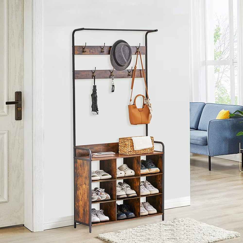 3-in-1 Entryway Coat Rack with Shoe Storage, 7 Metal Hooks, Hanging Rod, Antique Natural Finish, Freestanding Hall Tree Organizer