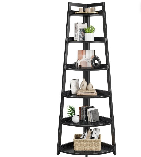 Roland Star 6-tier A-shaped corner shelf with fenced wooden shelves and black metal frame, ideal for books, plants, and decor storage in compact living spaces