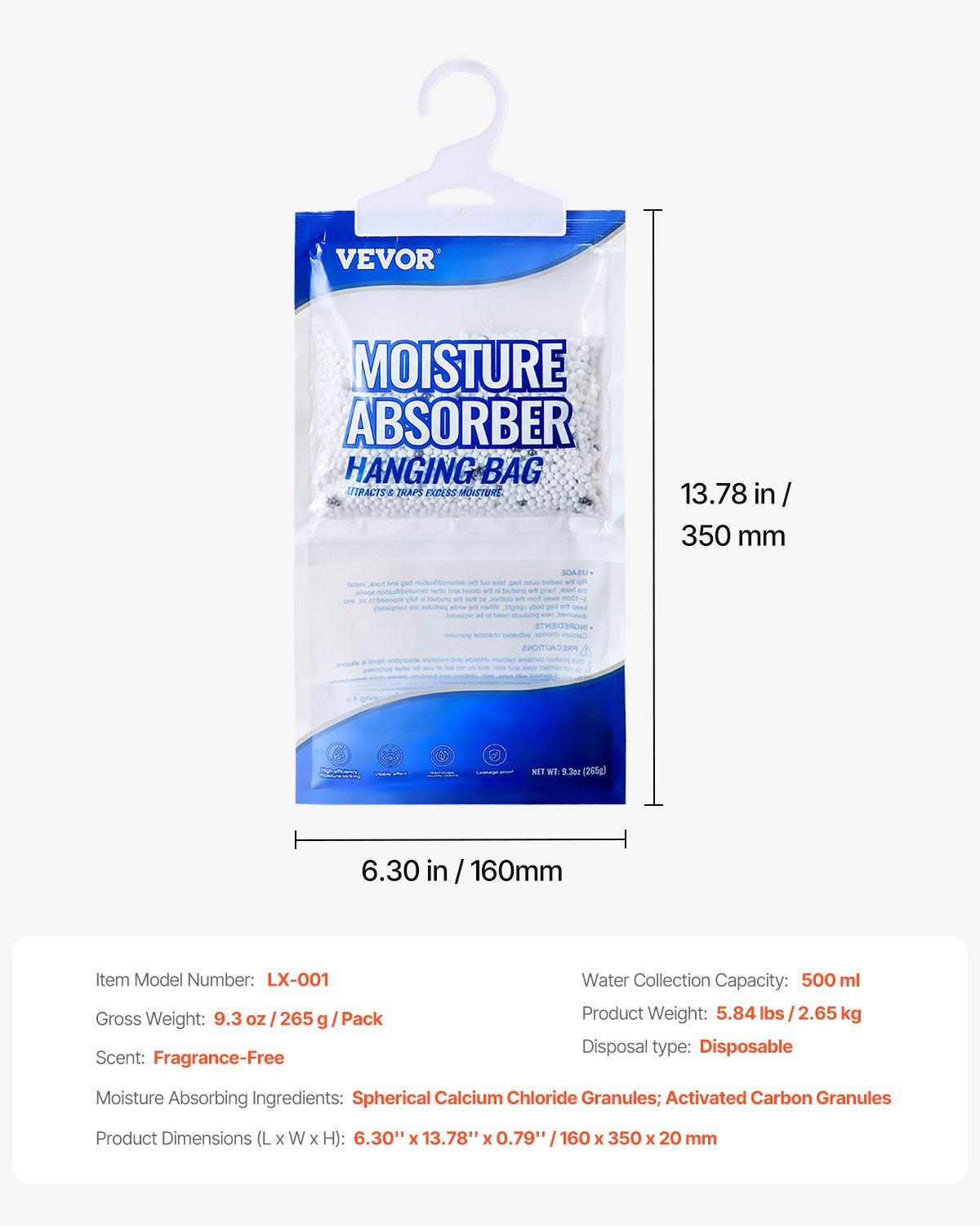 Pack of 10 VEVOR moisture absorber bags, 9.3 oz each, fragrance-free and designed for hanging in closets, bathrooms, or other damp spaces