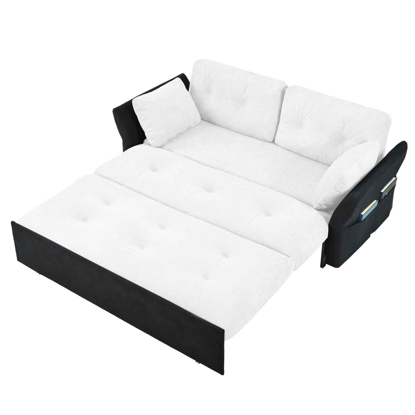 Multifunctional retractable sofa bed for living room use, featuring adjustable design for sitting, lounging, or sleeping, with modern upholstery and space-saving functionality.