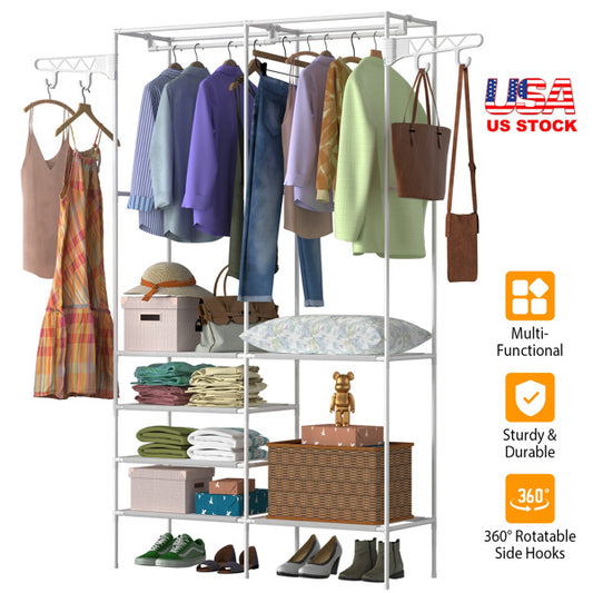 4-Tier Closet Organizer Shelf with Hanging Rods and Side Hooks – Space-Saving Fabric Wardrobe for Bedroom or Laundry Room