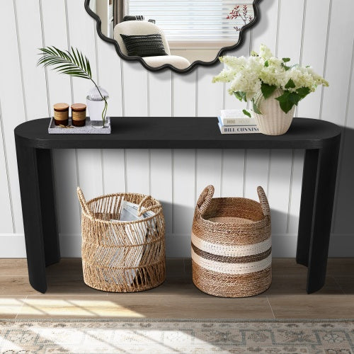 60-inch entryway table with thick wooden top and elegant curved legs, featuring flexible inward and outward installation, ideal for sofas, hallways, and entryways