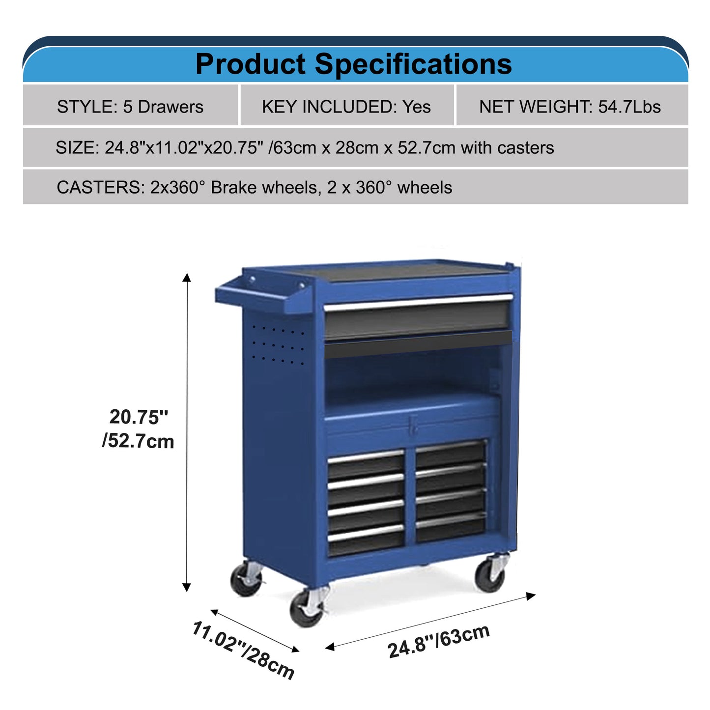Mobile auto repair tool cart with multiple drawers and top toolbox, sturdy iron frame, and smooth wheels for easy movement in workshop