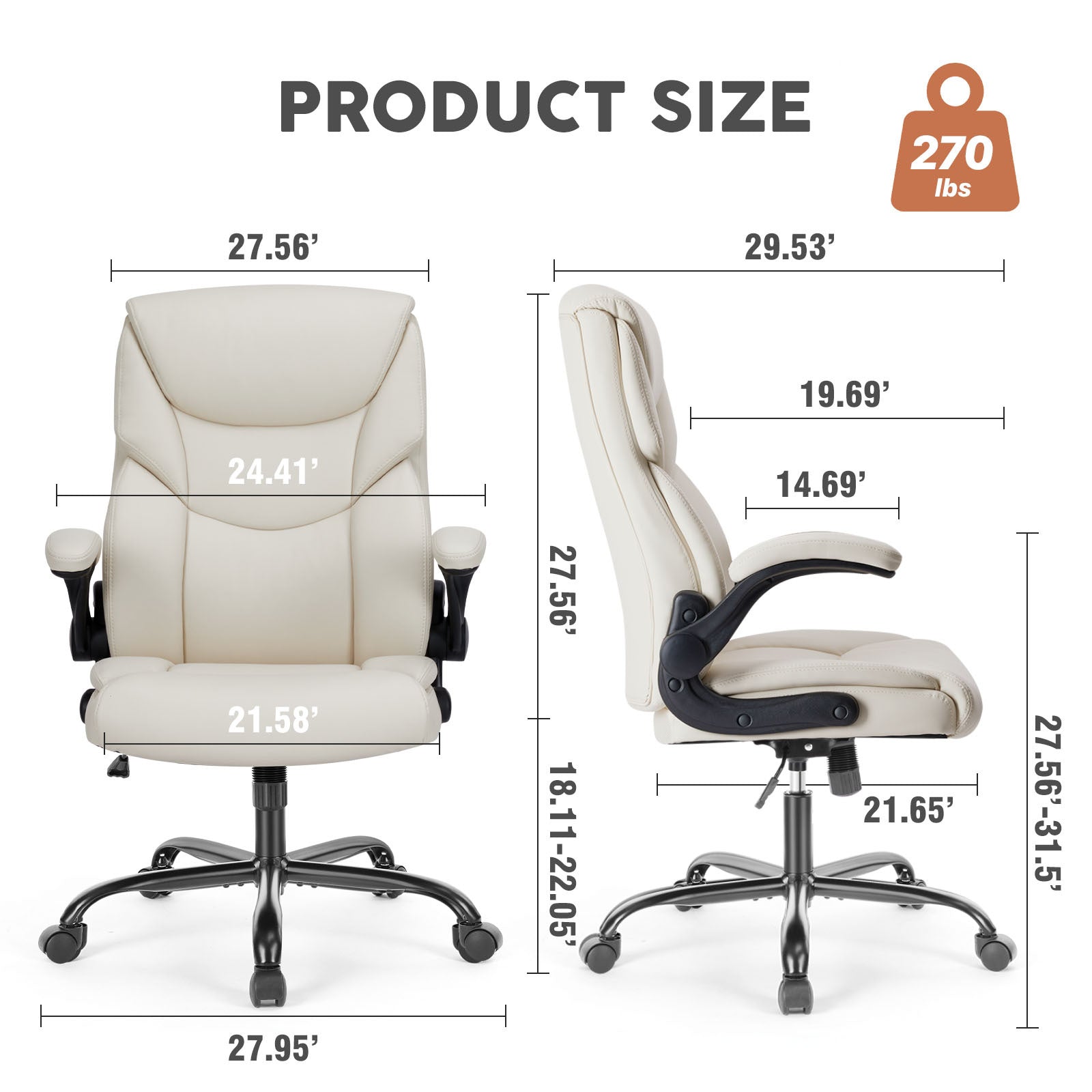 PU leather executive office chair with high back, ergonomic lumbar support, flip-up armrests, 360° swivel wheels, and durable frame supporting up to 275 lbs
