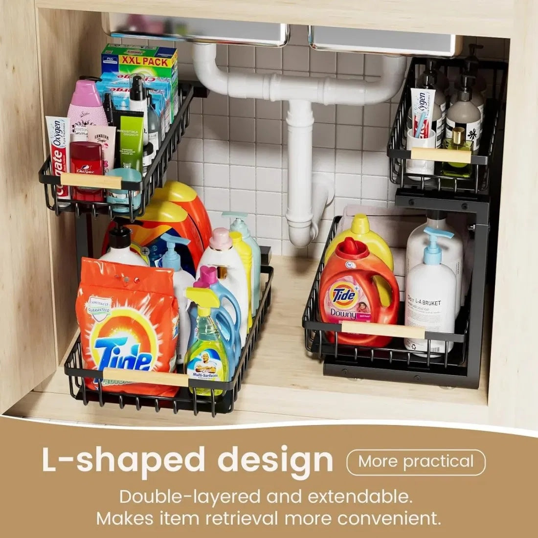 2-piece kitchen organizer set with large-capacity dish drying rack holding plates, bowls, cups, and utensils, plus sliding 2-tier under-sink shelf with suction cups for stable, space-saving storage in kitchen or bathroom