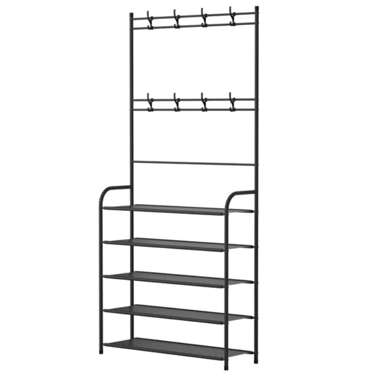Freestanding entryway hall tree with coat and hat rack, shoe storage shelves, and garment hanger—an all-in-one organizer for entryway, hallway, or bedroom.