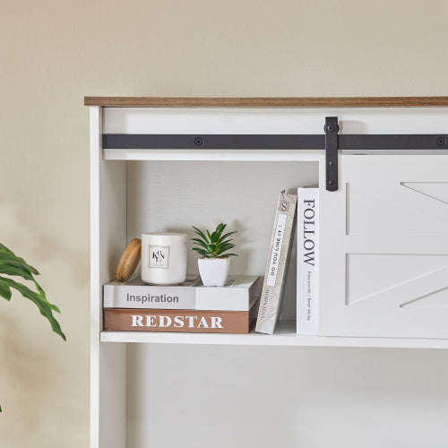 White rustic farmhouse wooden home office desk made of particle board with built-in charging station, dimensions 47.2" L x 19.7" W x 67.9" H