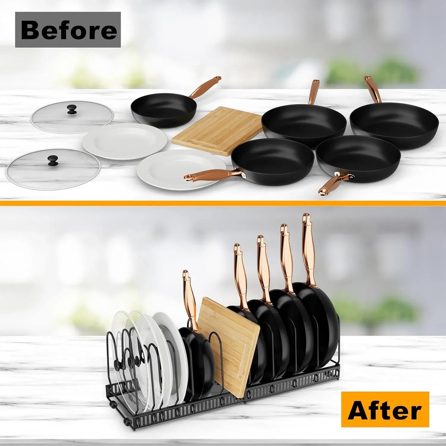 Expandable pot lid organizer rack holding various sizes of lids and cutting boards, adjustable width, ideal for kitchen cabinet or countertop storage