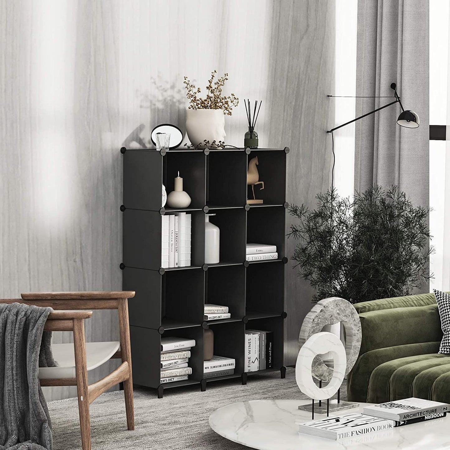Customizable modular cube storage cabinet with 4 to 16 plastic grid compartments, ideal for organizing clothes, books, shoes, or toys; lightweight, stackable design for bedroom, closet, or office use