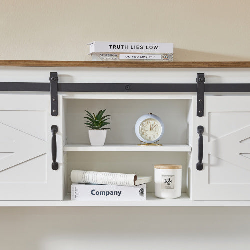 White rustic farmhouse wooden home office desk made of particle board with built-in charging station, dimensions 47.2" L x 19.7" W x 67.9" H