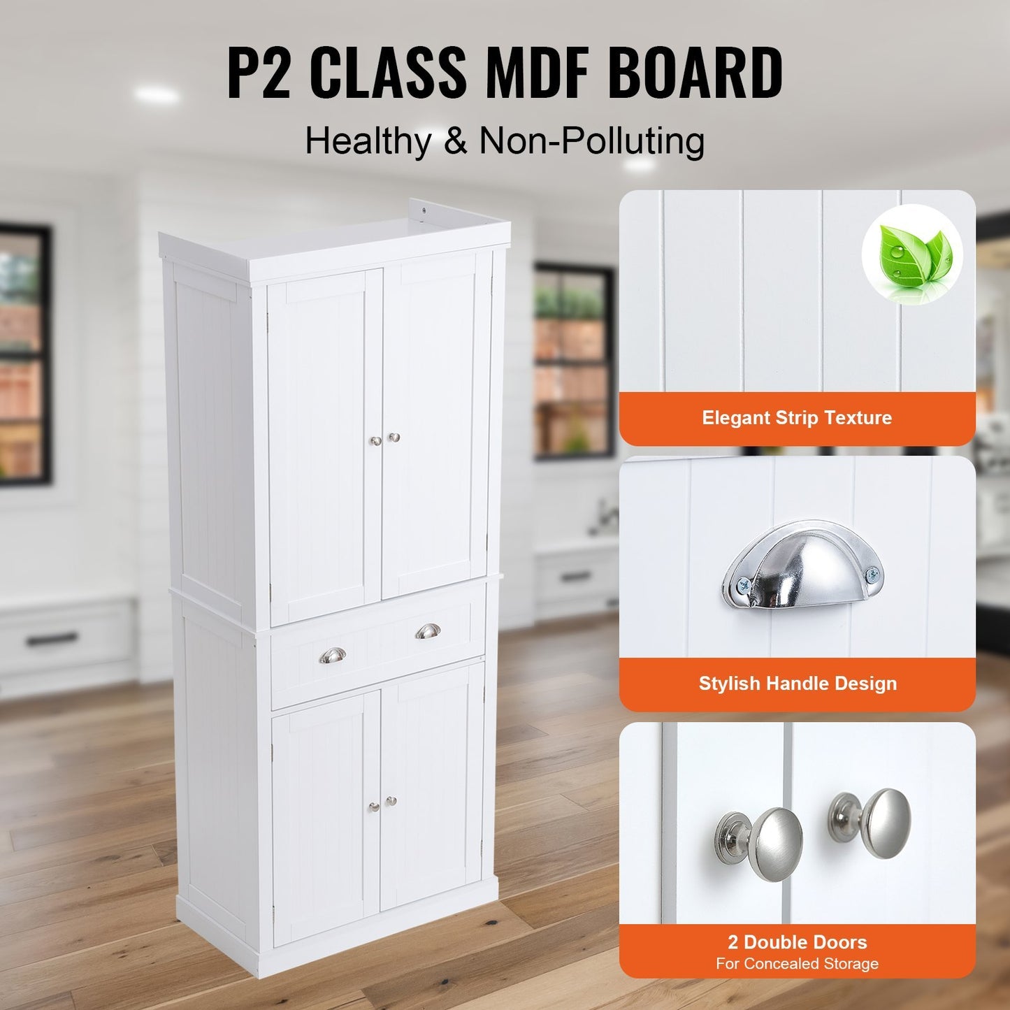 VEVOR Kitchen Pantry Cabinet – Freestanding Storage with Doors, Drawer & Adjustable Shelves, White