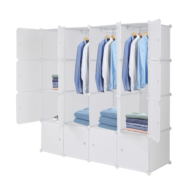 White 16-cube modular plastic storage organizer with doors and hanging rods, featuring stackable DIY design for closet, bedroom, or entryway organization; includes steel frame and customizable layout for clothes, shoes, and household items