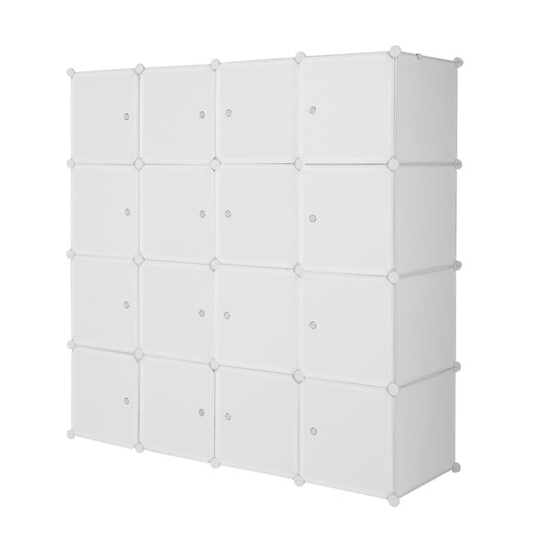White 16-cube modular plastic storage organizer with doors and hanging rods, featuring stackable DIY design for closet, bedroom, or entryway organization; includes steel frame and customizable layout for clothes, shoes, and household items